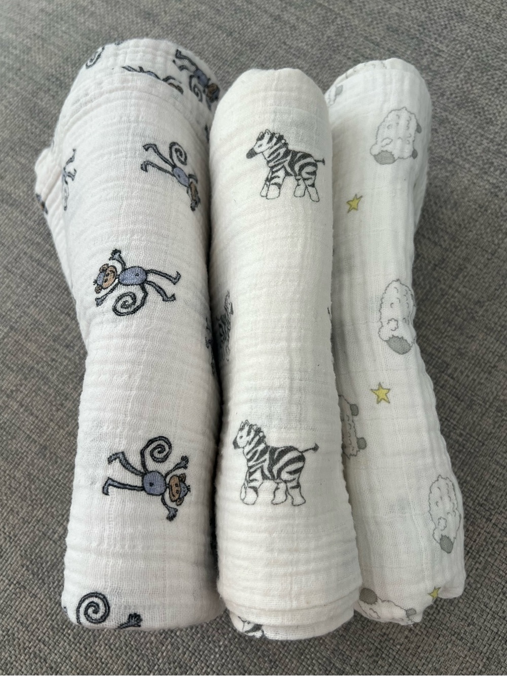 SET OF 3 White Baby Cotton Muslin Swaddle - Animal Print